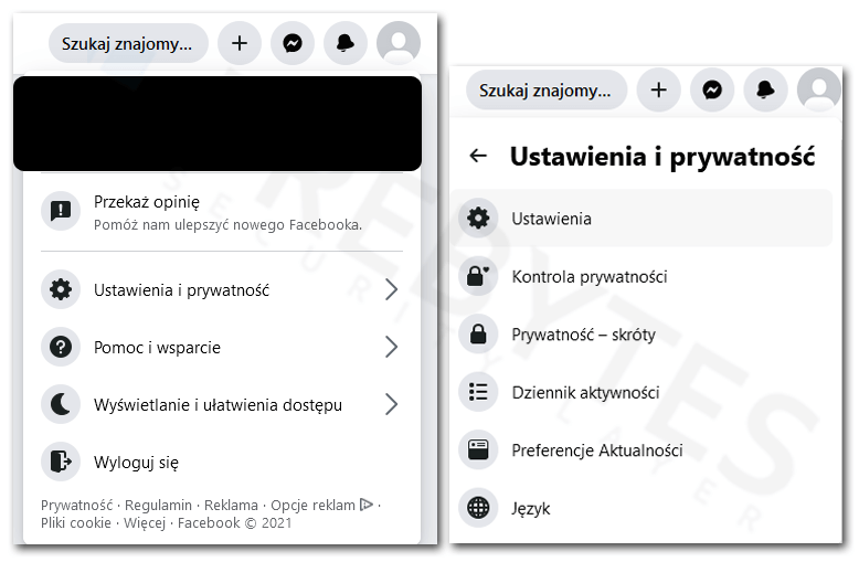 Przejście do ustawień bezpieczeństwa konta Facebook