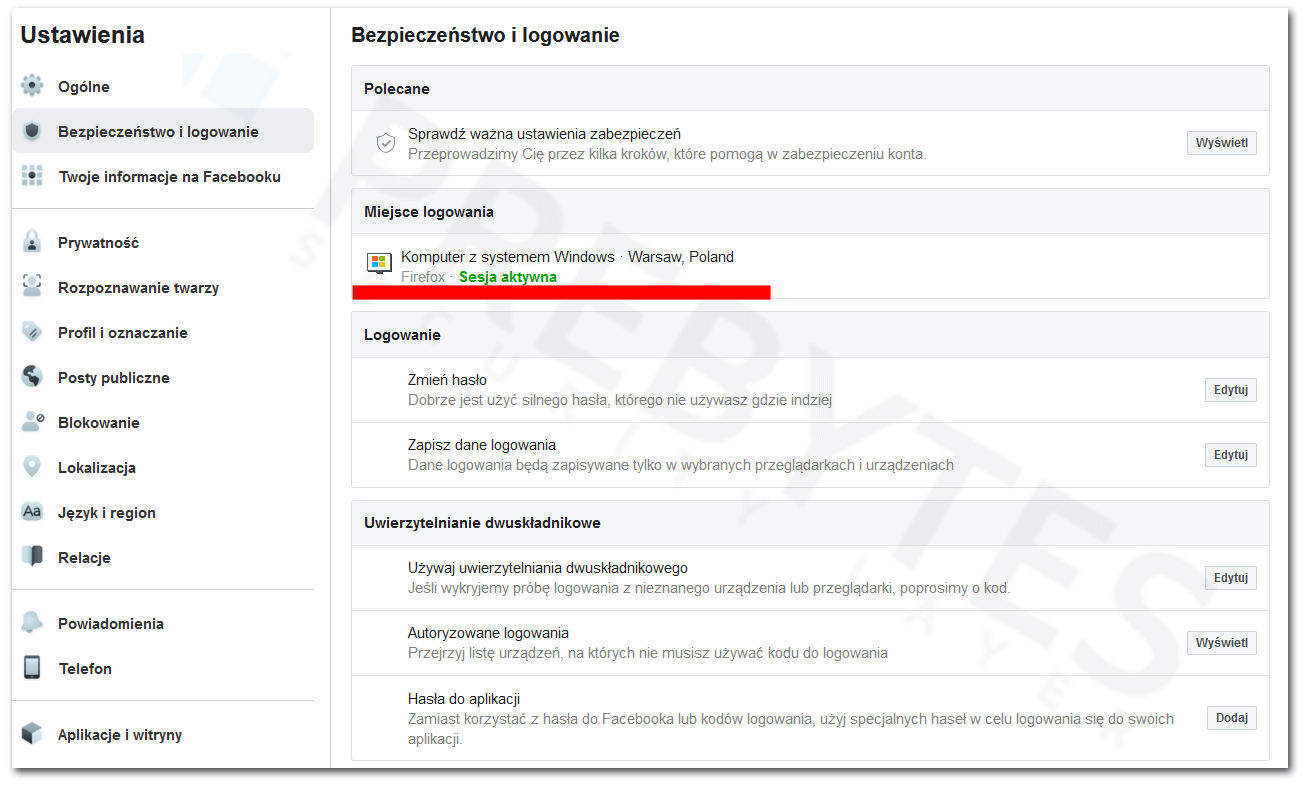 Sprawdzenie innych urządzeń zalogowanych do konta Facebook