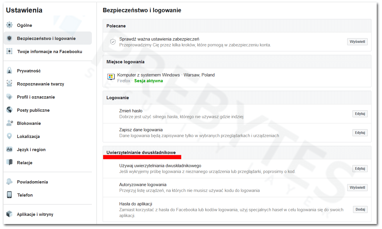 Ustawienia konta Facebook uwierzytelnianie dwuskładnikowe