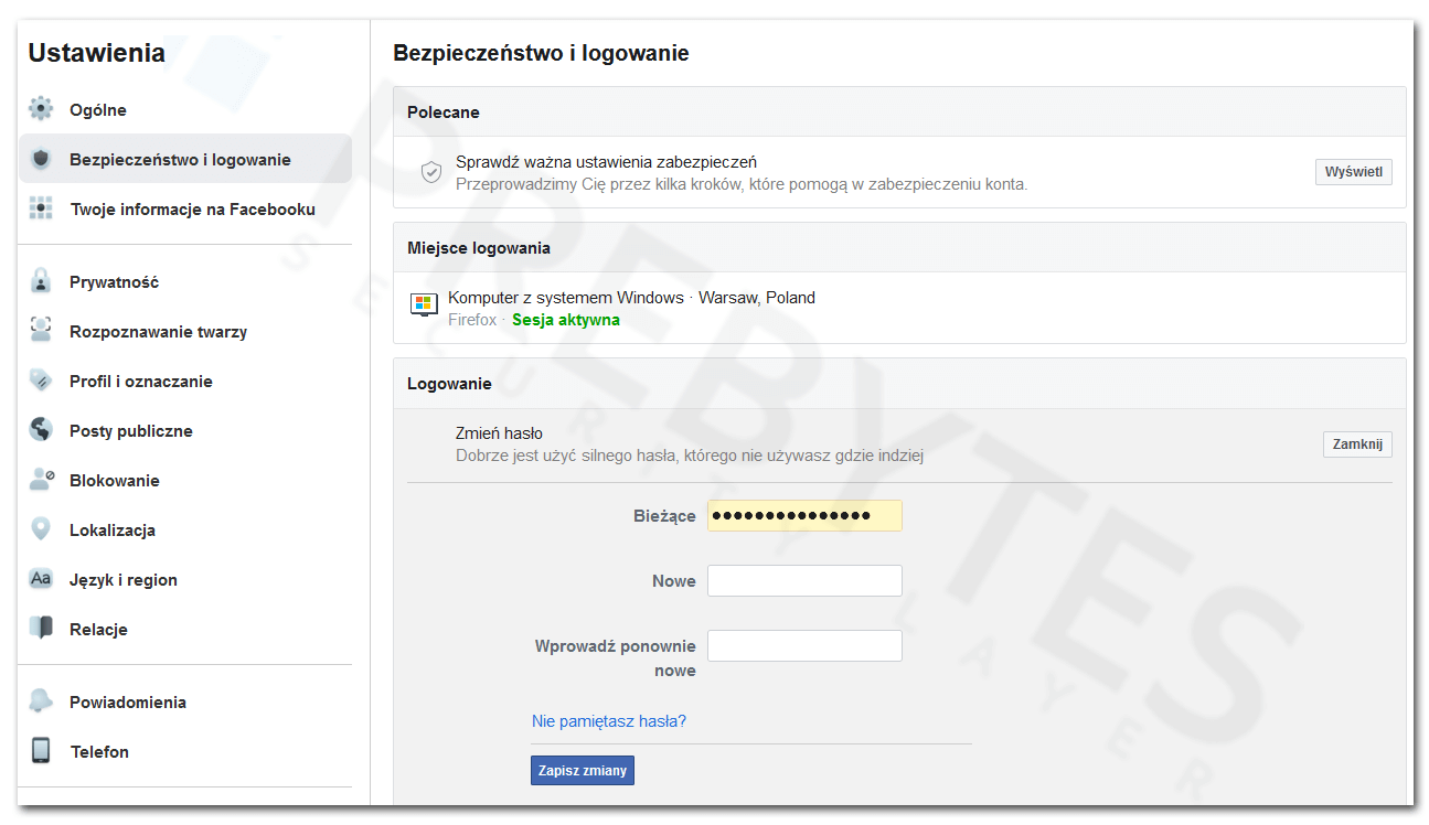 Wprowadzenie nowego hasła do konta