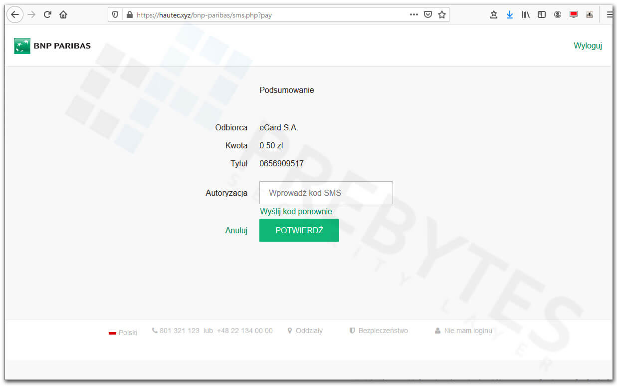 BNP Parbias e-płatności - potwierdzenie kodem SMS