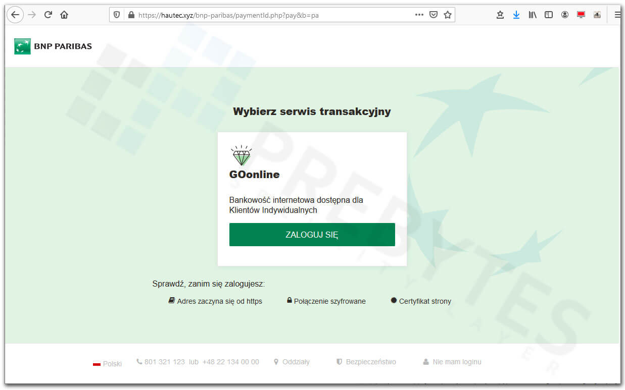 Fałszywa strona bankowości BNP Paribas