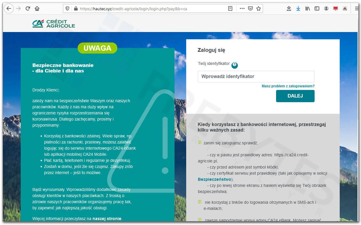 Fałszywa strona bankowości Credit Agricole