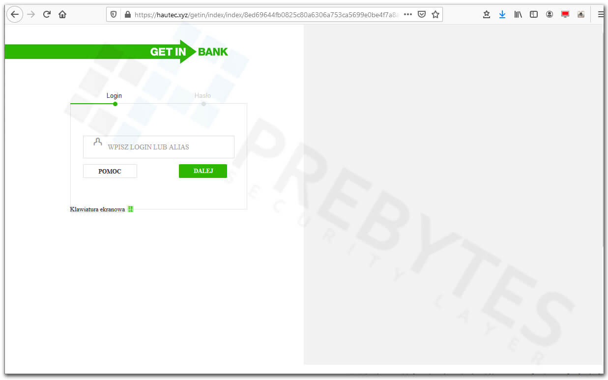 Fałszywa strona bankowości GET IN BANK