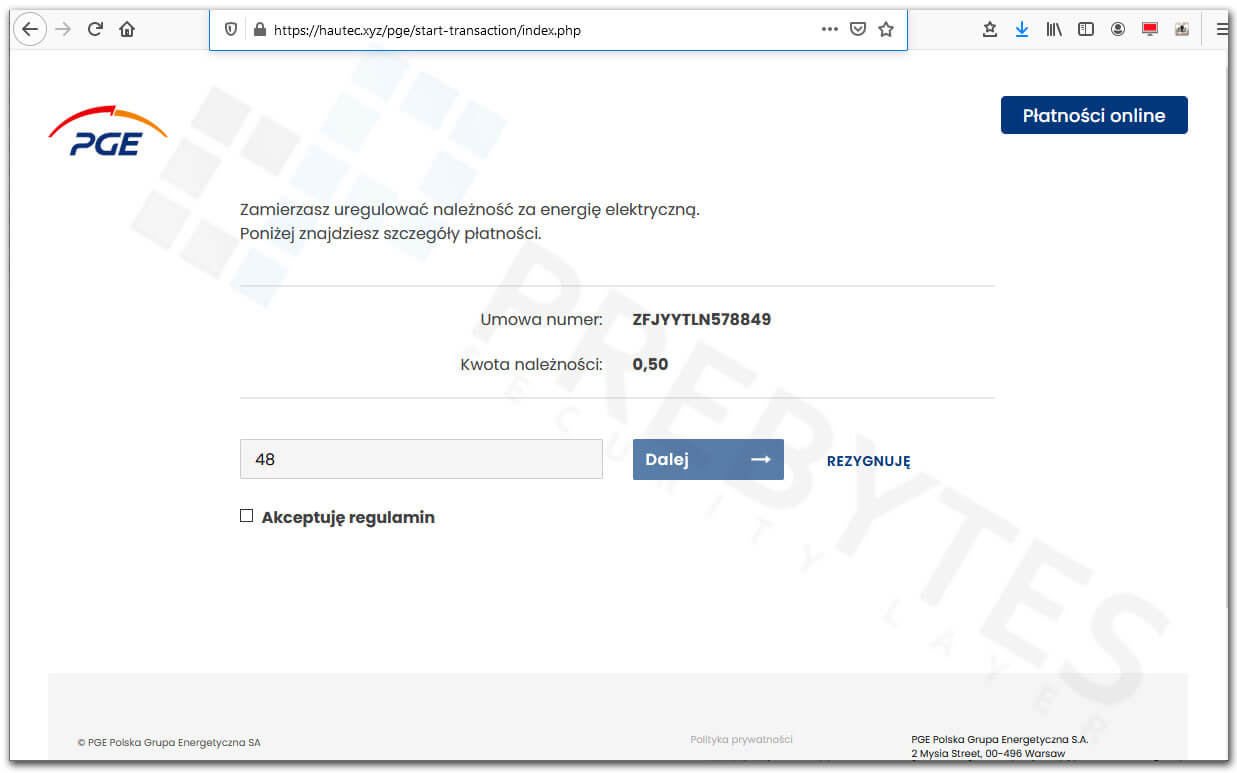 Fałszywa strona płatności z PGE - podanie numeru telefonu