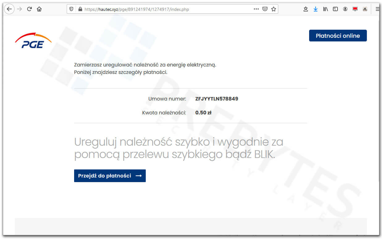 Fałszywa strona płatności z PGE