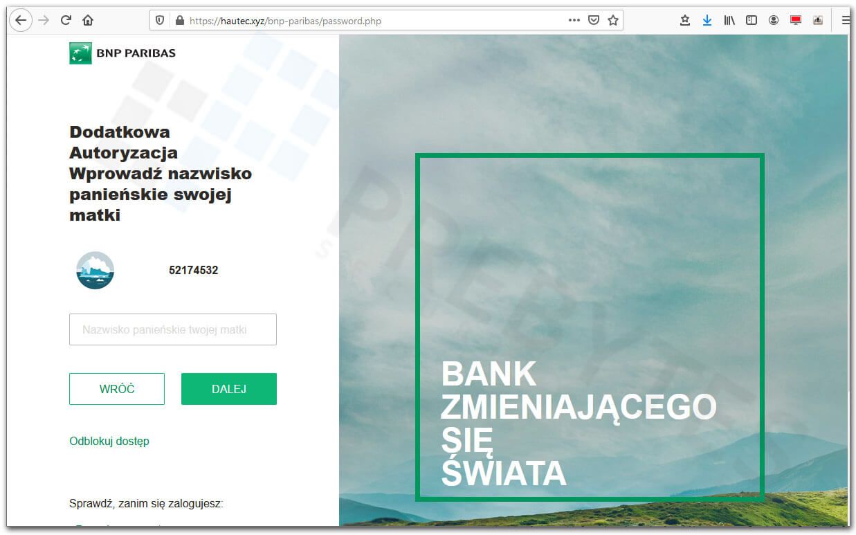 Logowanie do bankowości BNP Parbias - nazwisko panieńskie matki