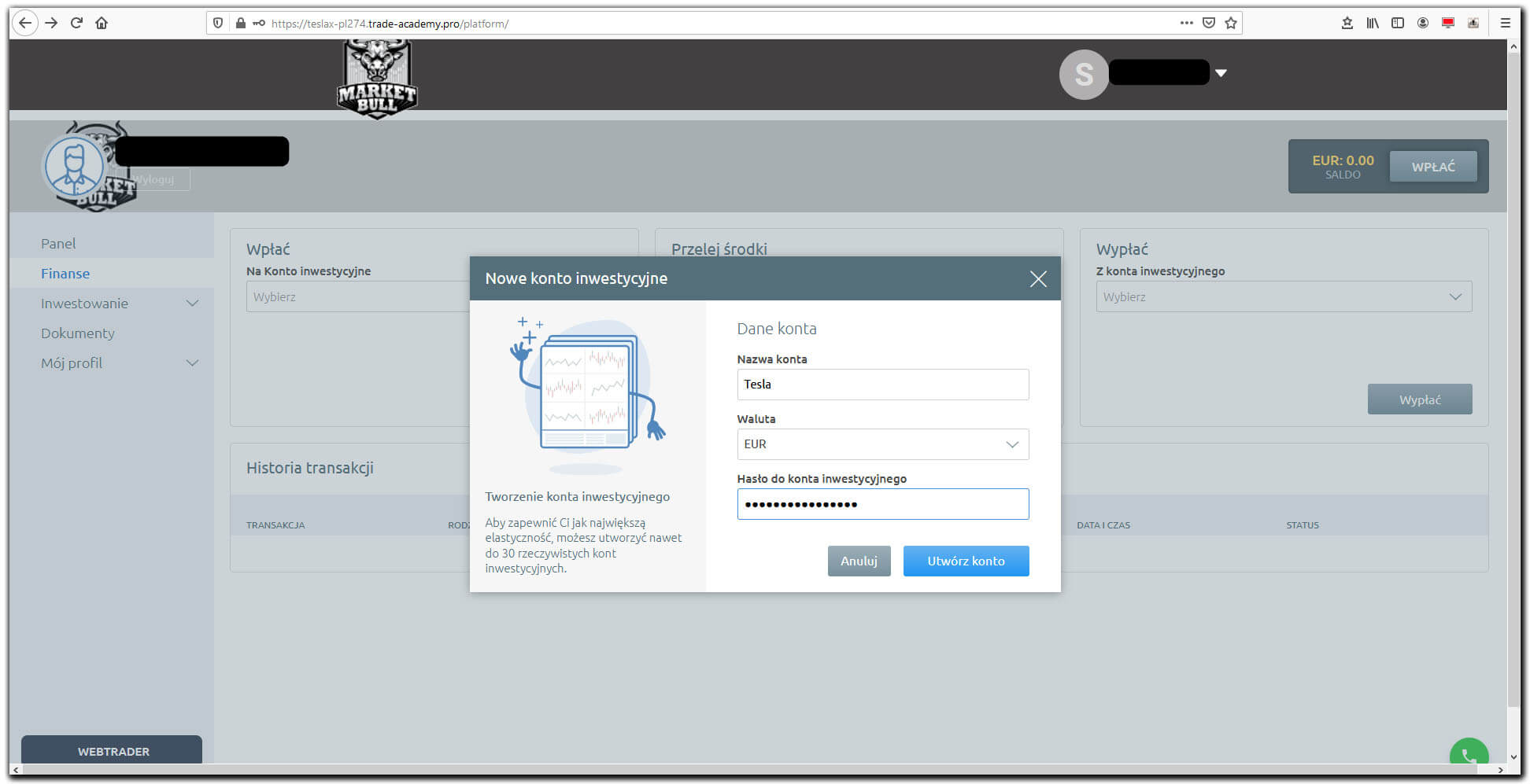 Platforma inwestycyjna Market Bull - tworzenie nowego konta inwestycyjnego