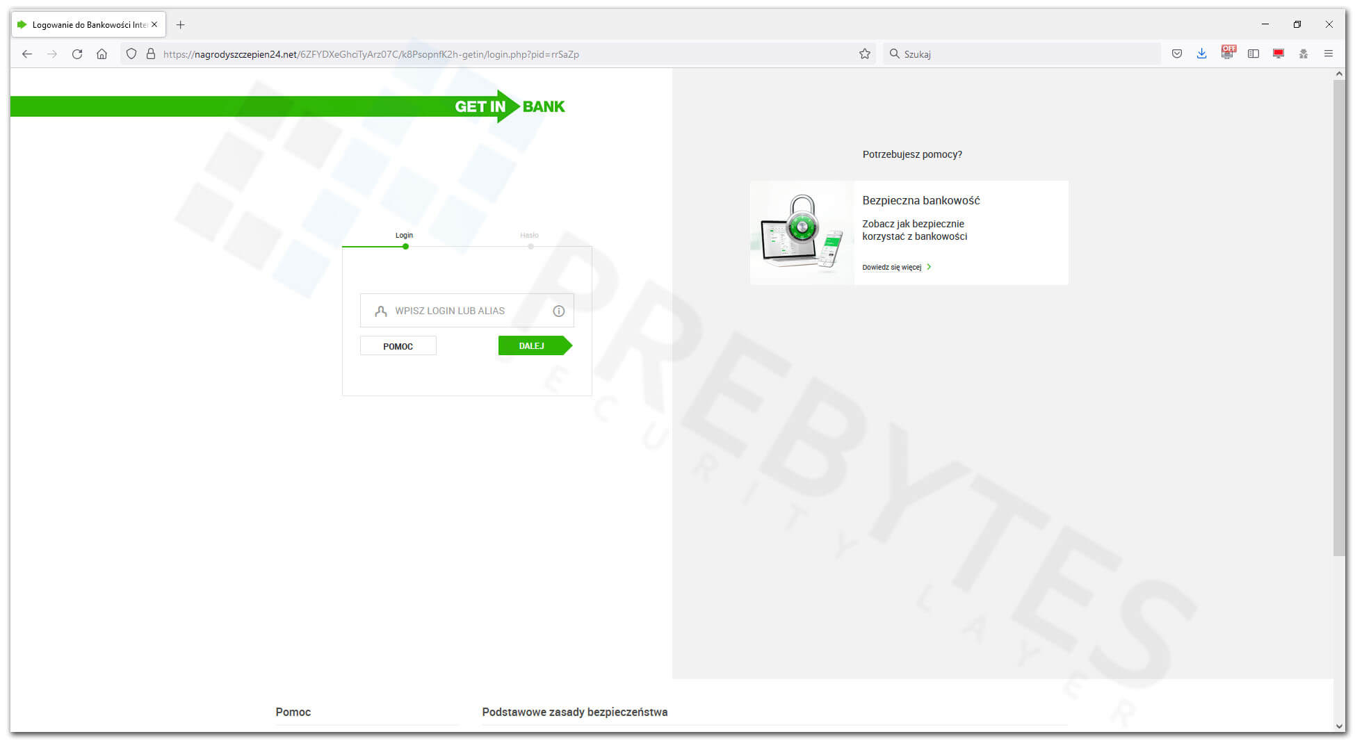 Logowanie do fałszywej strony bankowości Getin Bank