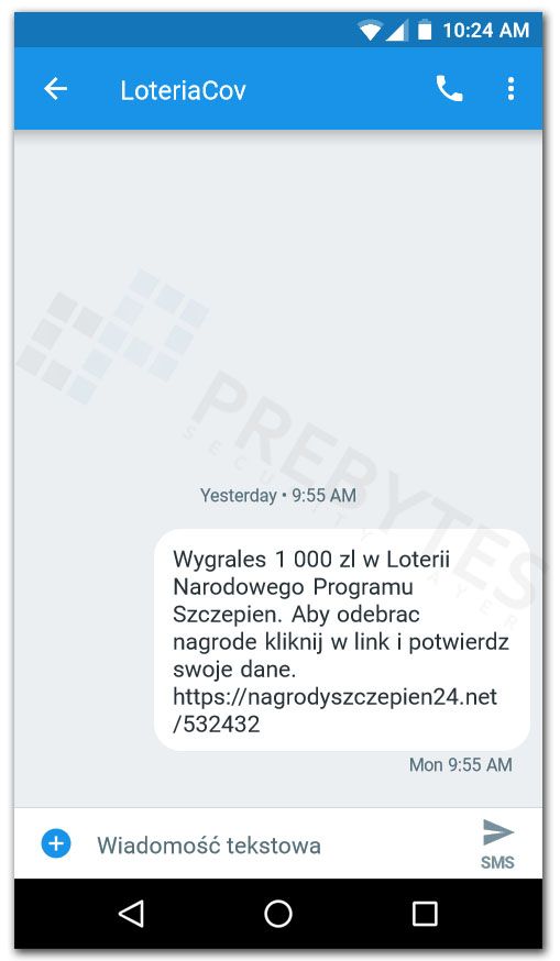 wiadomość SMS o wygranej w loterii Narodowego Programu Szczepień