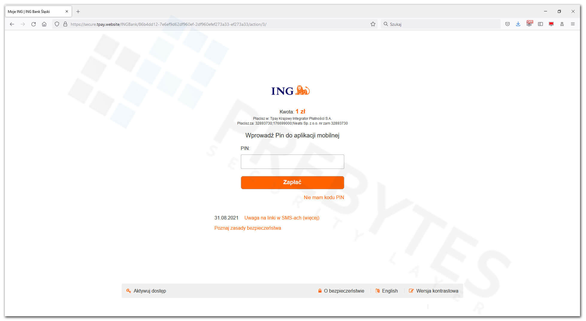 ING Bank - podanie PINu do aplikacji mobilnej