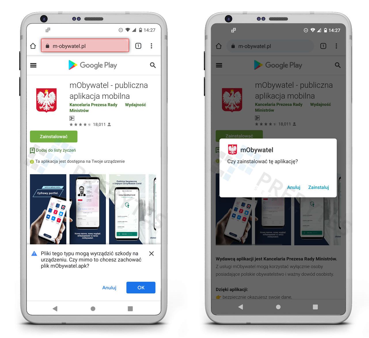 Pobieranie i instalacja fałszywej aplikacji mObywatel