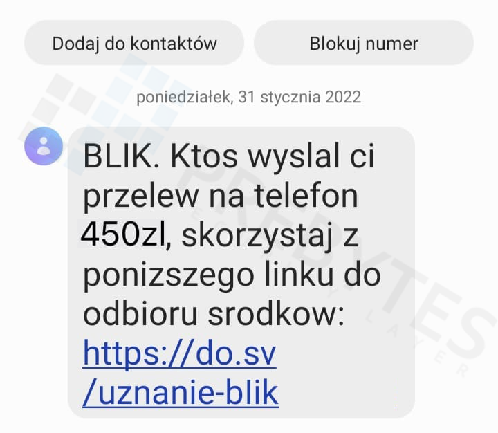 SMS z fałszywą wiadomością o przelewie na telefon na 450 zł