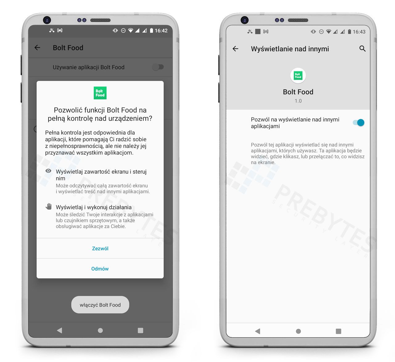 Uprawnienia pełnej kontroli nad telefonem dla aplikacji Bolt Food