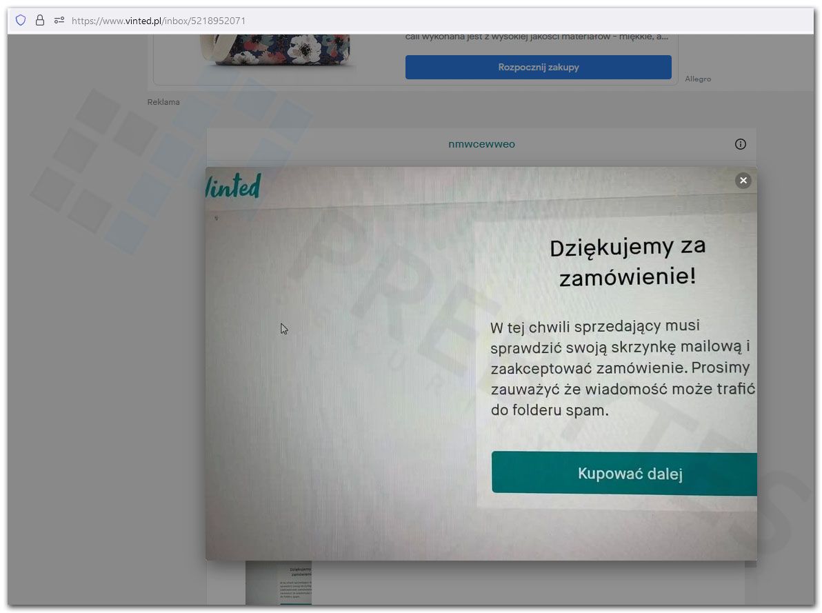 Fałszywa wiadomość Vinted - potwierdzenie przesłania e-mail