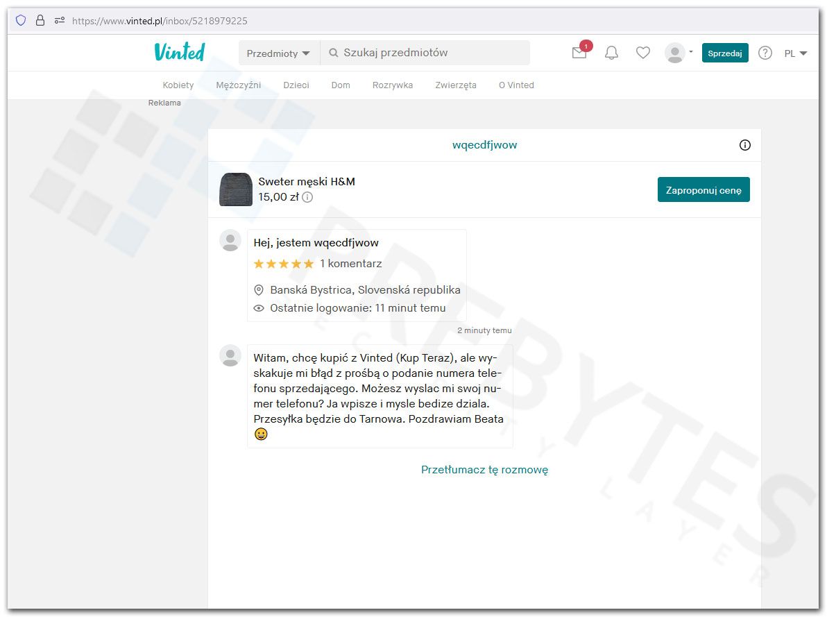 Fałszywa wiadomość na Vinted