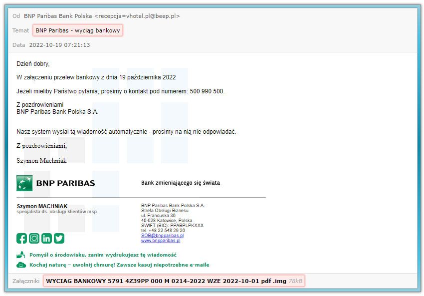 BNP wiadomość spam ze złośliwym oprogramowaniem