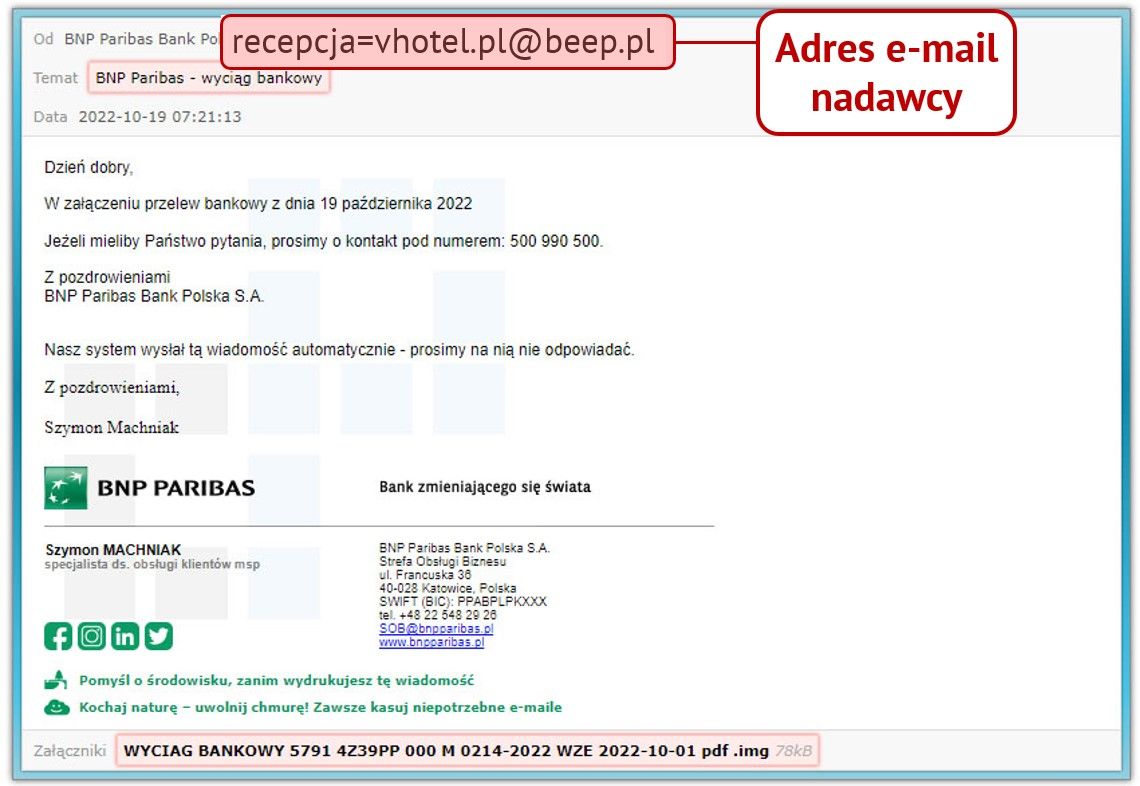Wiadomość spam BNP Paribas - adres e-mail nadawcy