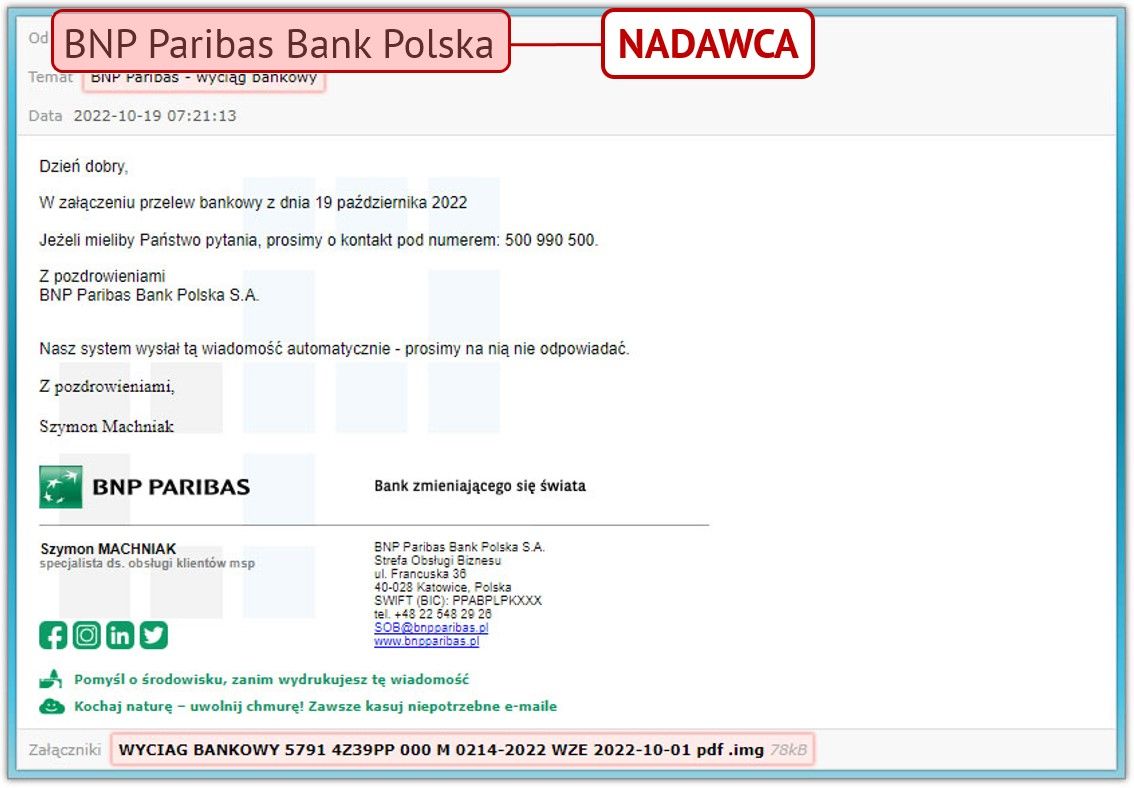Wiadomość spam BNP Paribas - nadawca wiadomości