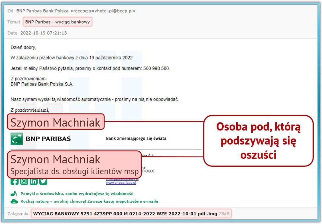 Wiadomość spam BNP Paribas - osoba pod, którą się podszywają