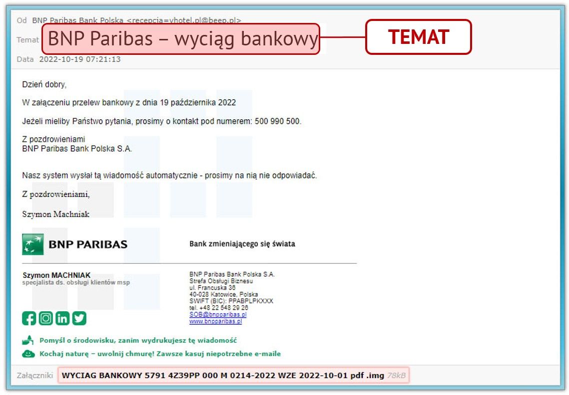 Wiadomość spam BNP Paribas - temat wiadomości