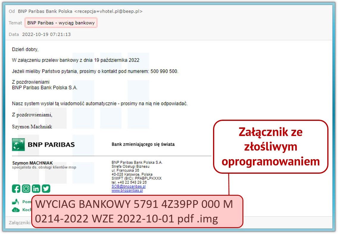 Wiadomość spam BNP Paribas - załącznik