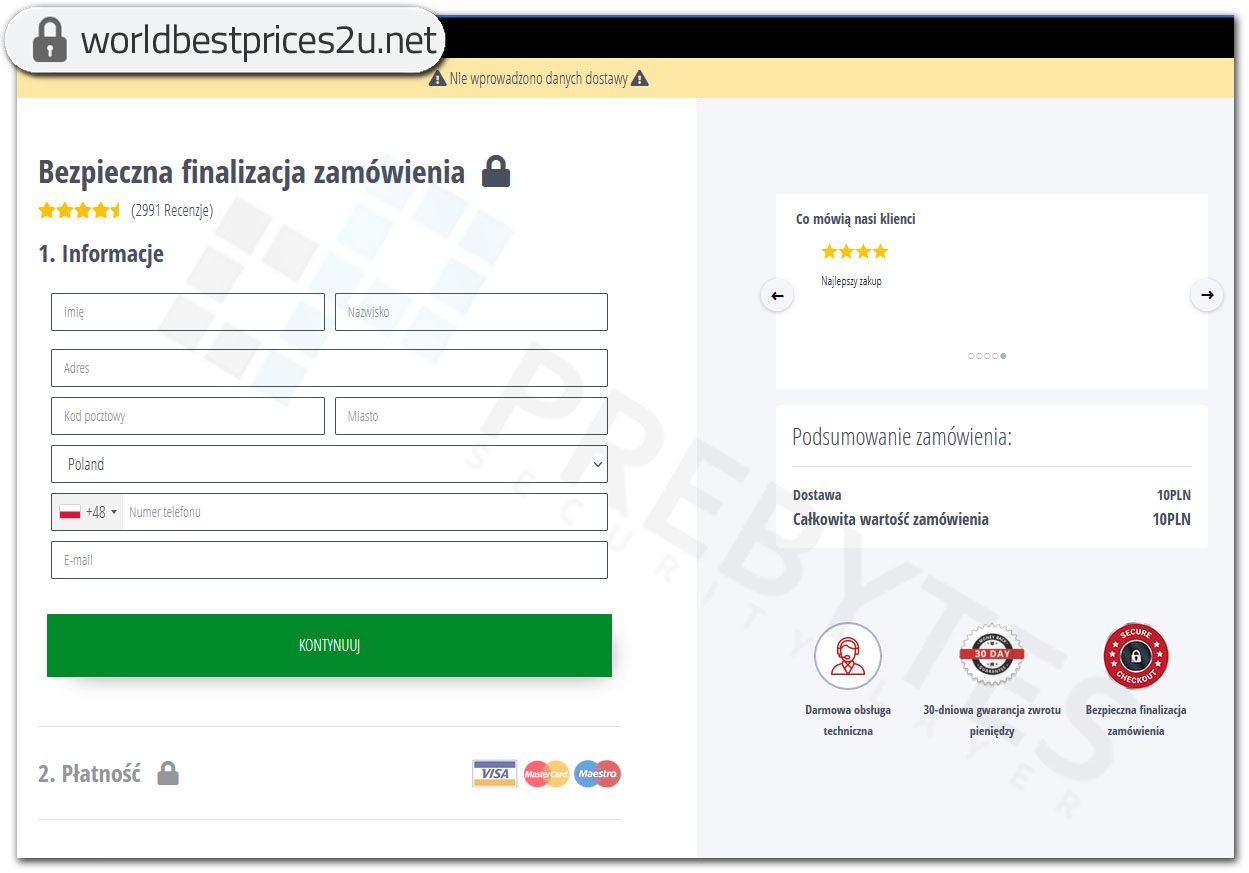 Strona phishing - płatność za przesyłkę - dane teleadresowe