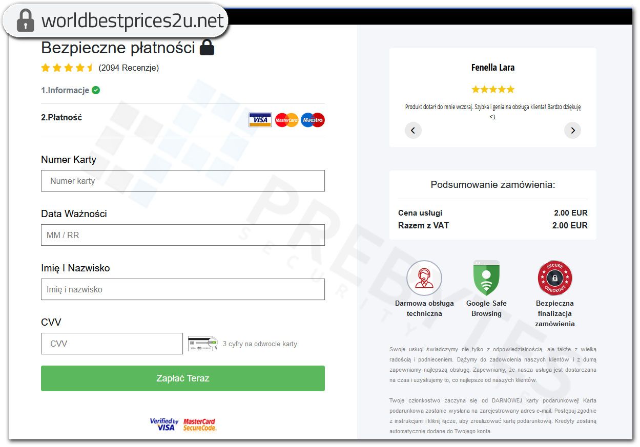 Strona phishing - płatność za przesyłkę - dane kart płatniczych