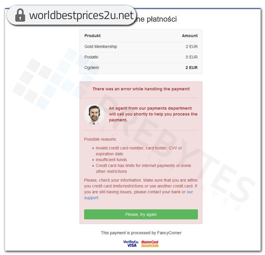 Strona phishing - płatność za przesyłkę - problem z płatnością