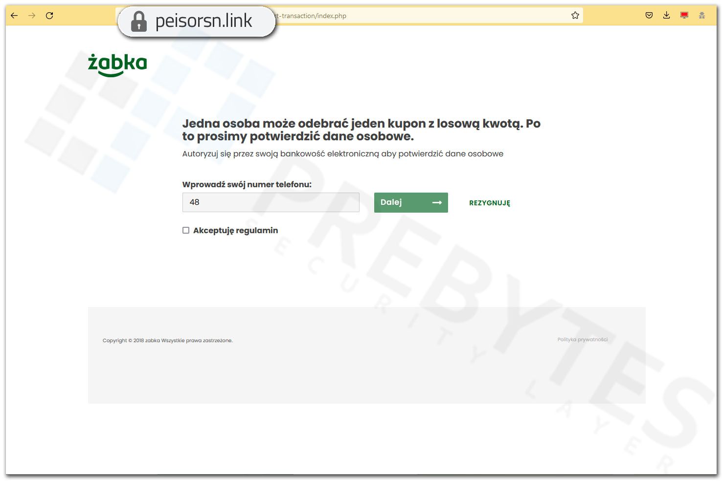 Fałszywa strona Żabki - podanie numeru telefonu