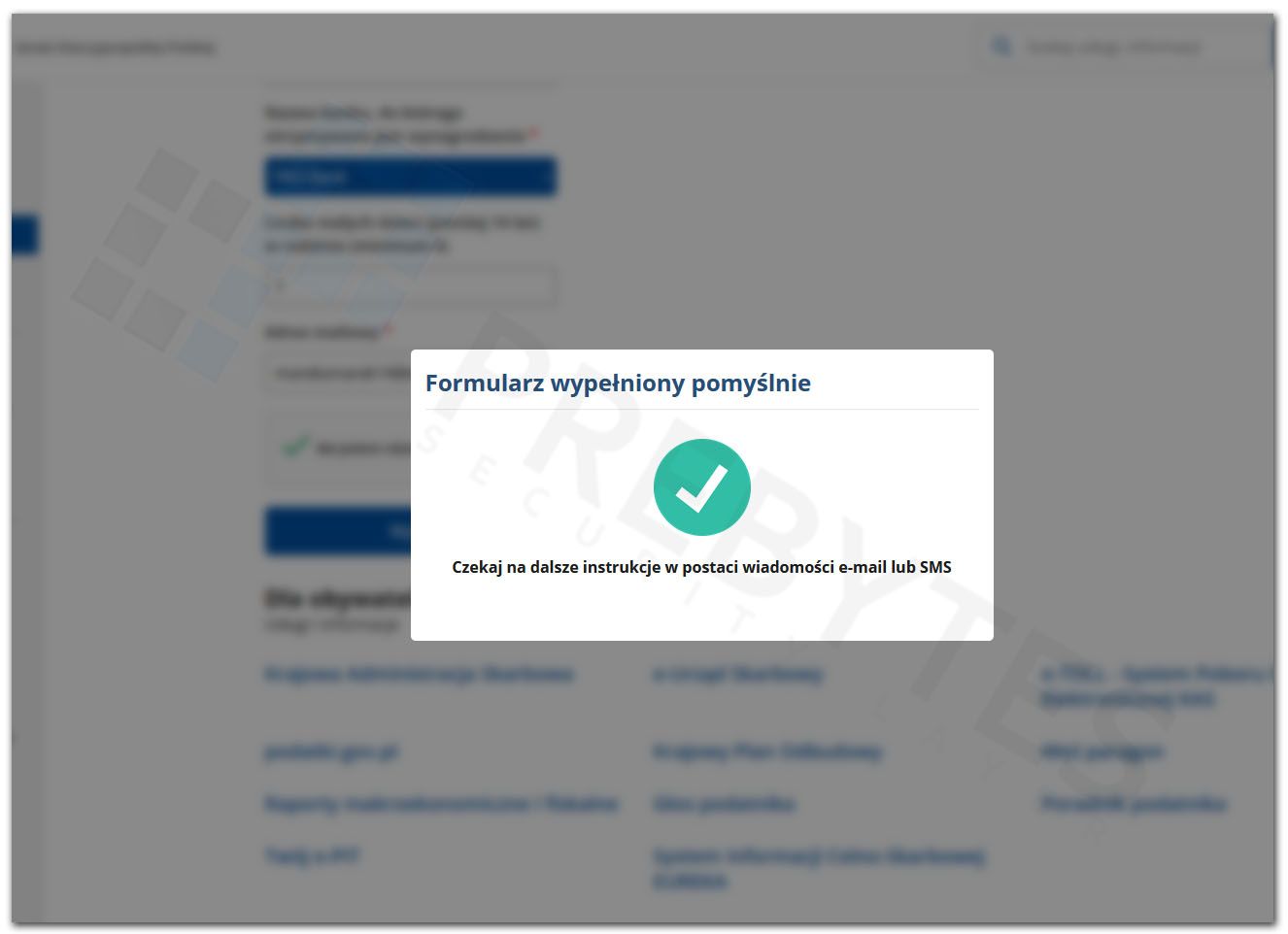 Fałszywa strona Ministerstwa Finansów - Formularz zgłoszeniowy - potwierdzenie wypełnienia