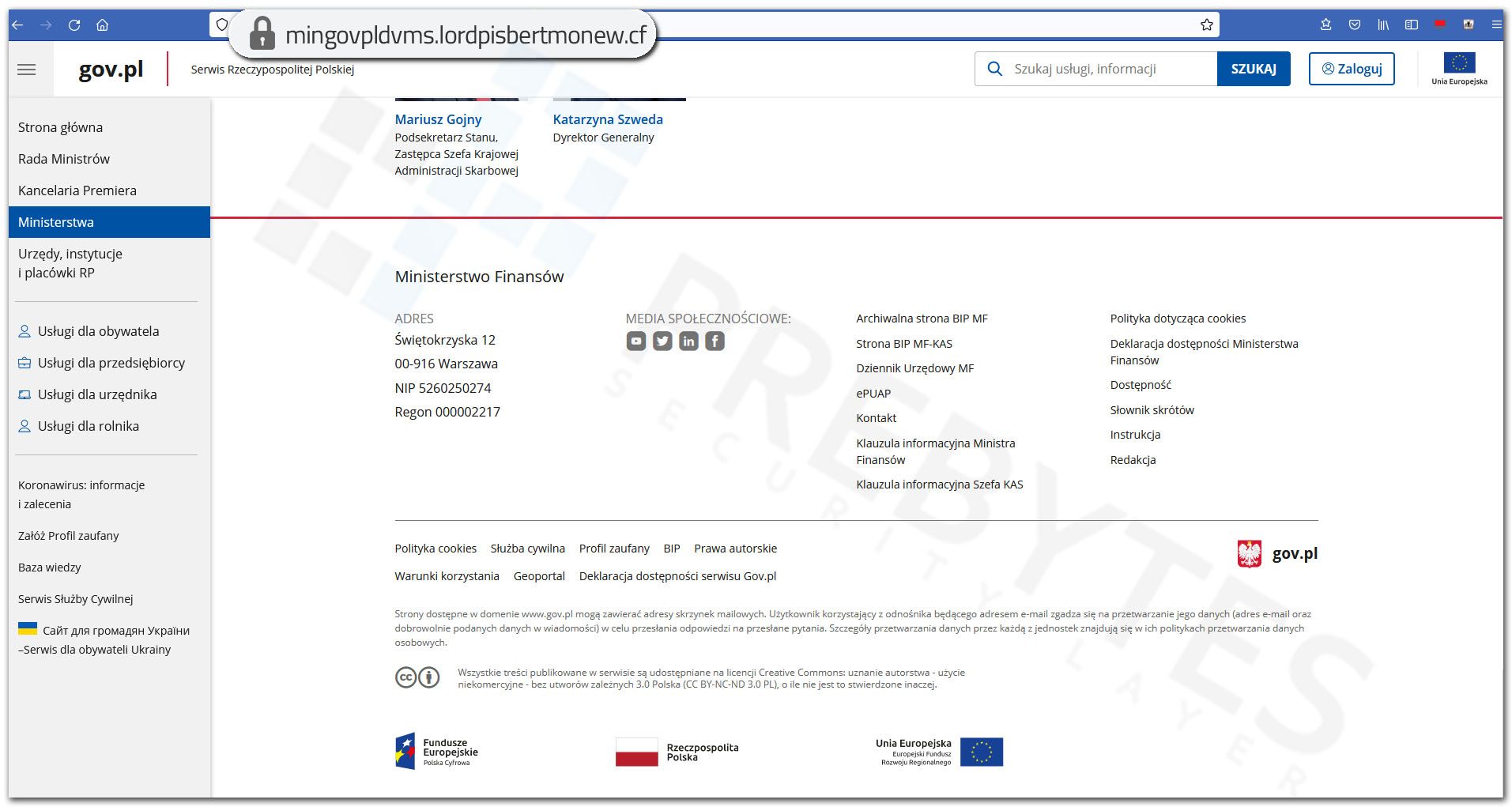 Fałszywa strona Ministerstwa Finansów - Informacje o ministerstwie