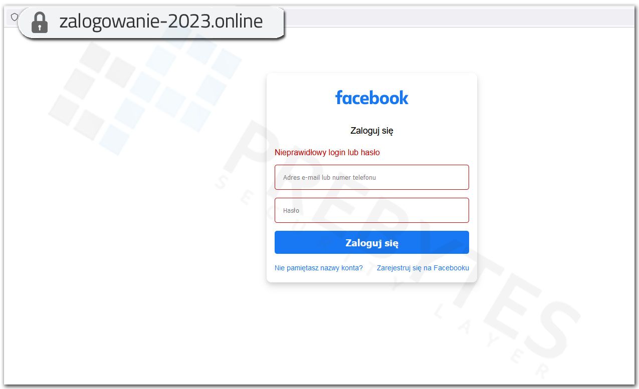 Fałszywa strona Facebook - błąd logowania