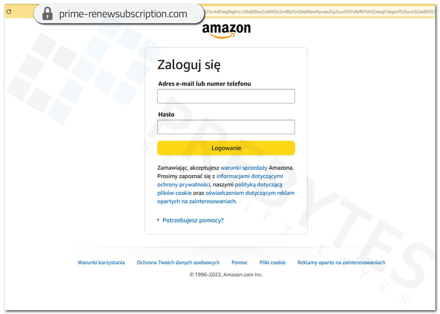 Fałszywa strona Amazon Prime - logowanie