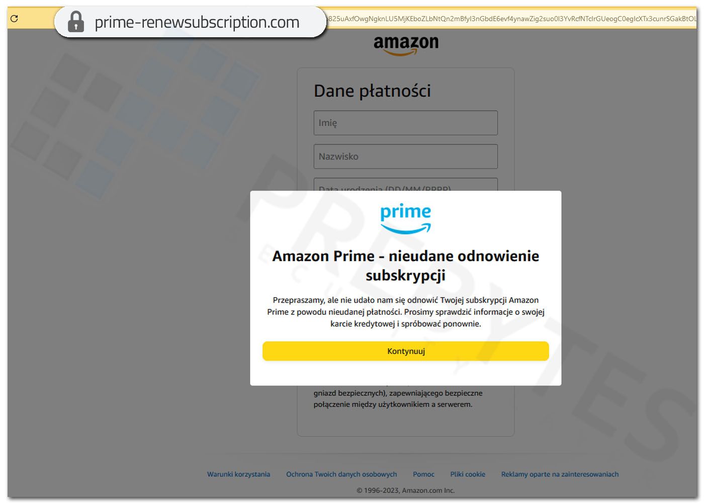 Fałszywa strona Amazon Prime - komunikat o nieudanym odnowieniu subskrypcji