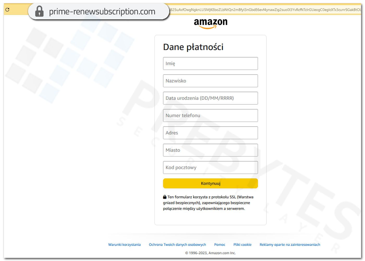 Fałszywa strona Amazon Prime - Podanie danych teleadresowych