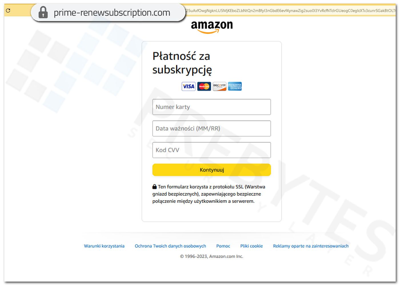 Fałszywa strona Amazon Prime - Wyłudzenie danych karty płatniczej