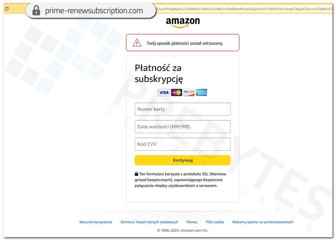 Fałszywa strona Amazon Prime - Komunikat o odrzuceniu płatności