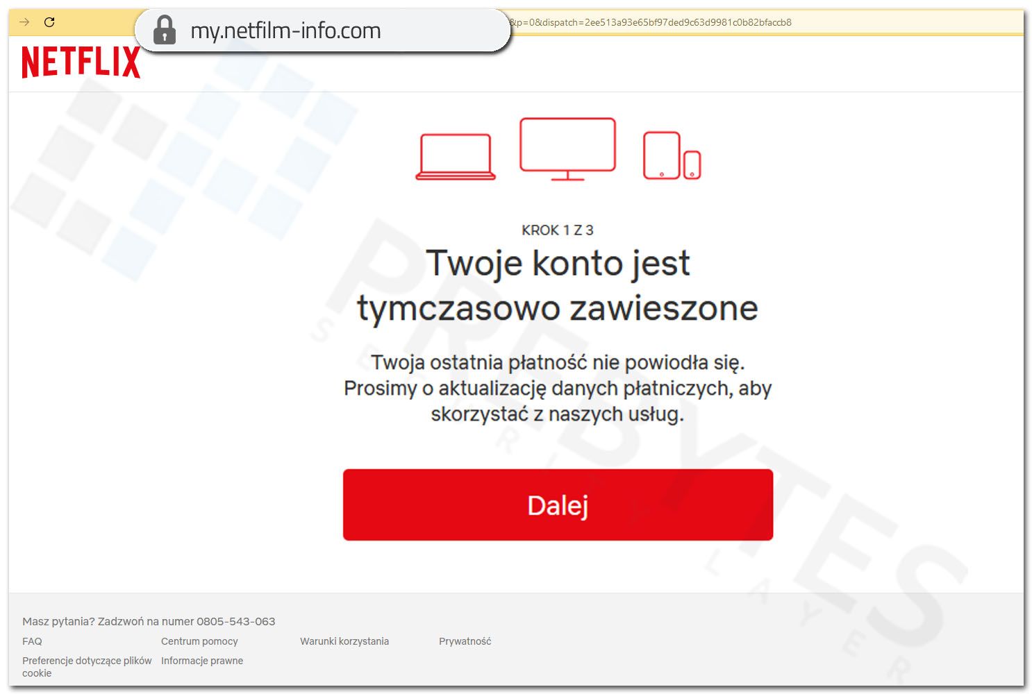 Fałszywa strona Netflix - komunikat o zawieszeniu konta