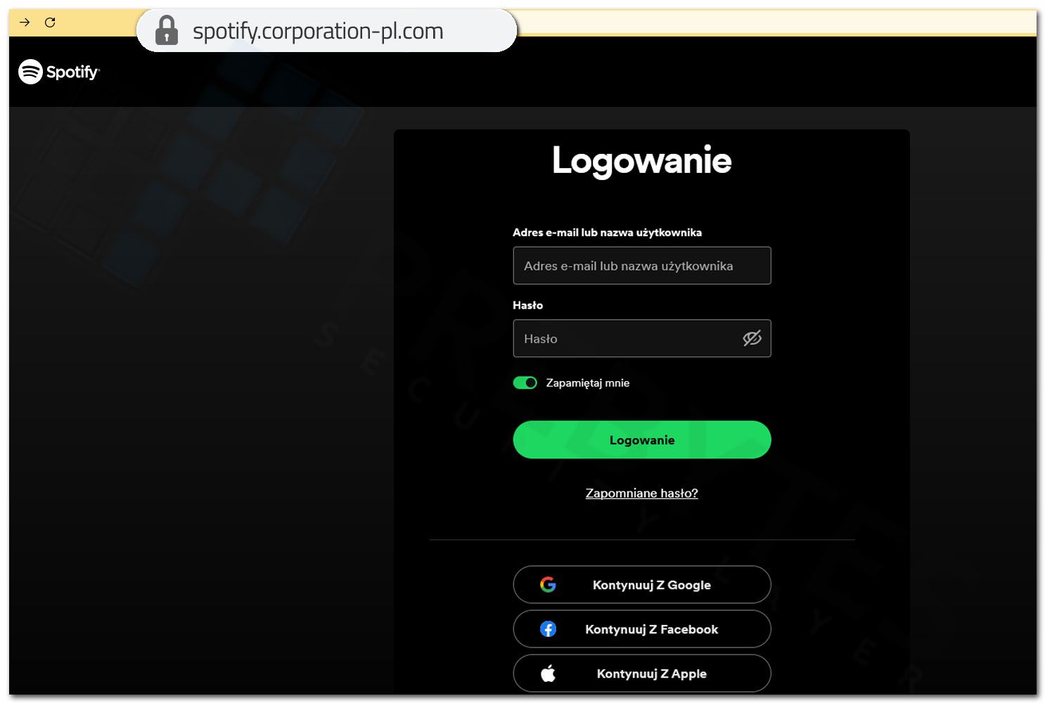 Strona phishing Spotify - logowanie