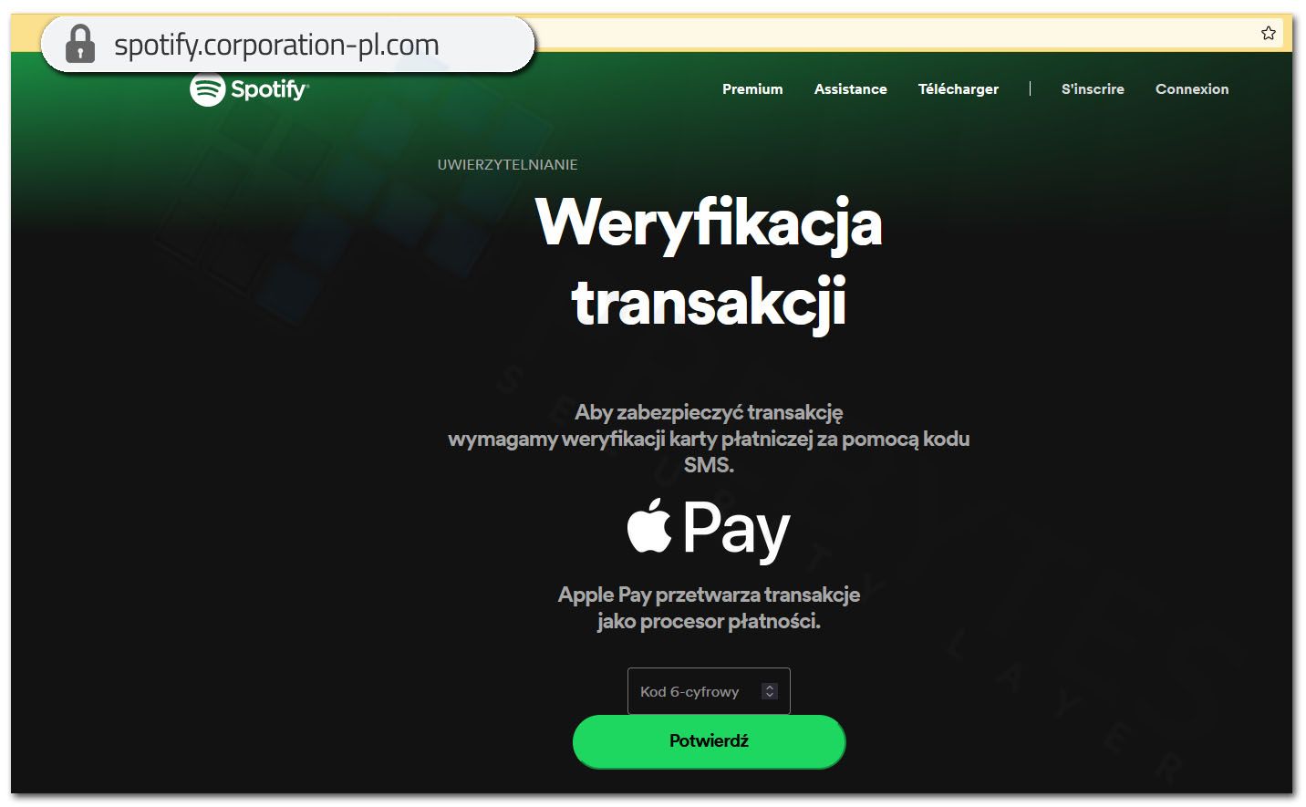 Strona phishing Spotify - wyłudzenie kodu autoryzacyjnego