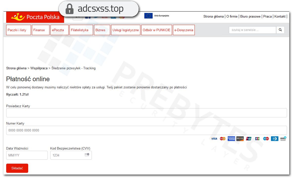 Dane karty płatnicznej na fałszywej stronie Poczty Polskiej